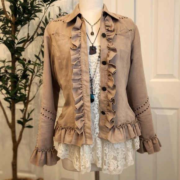 Jackets & Blazers - Faux Suede Ruffled Tan Jacket Metal Stud Accents